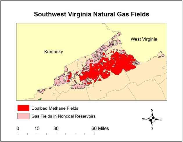 Mapa de los campos de gas natural del suroeste de VA