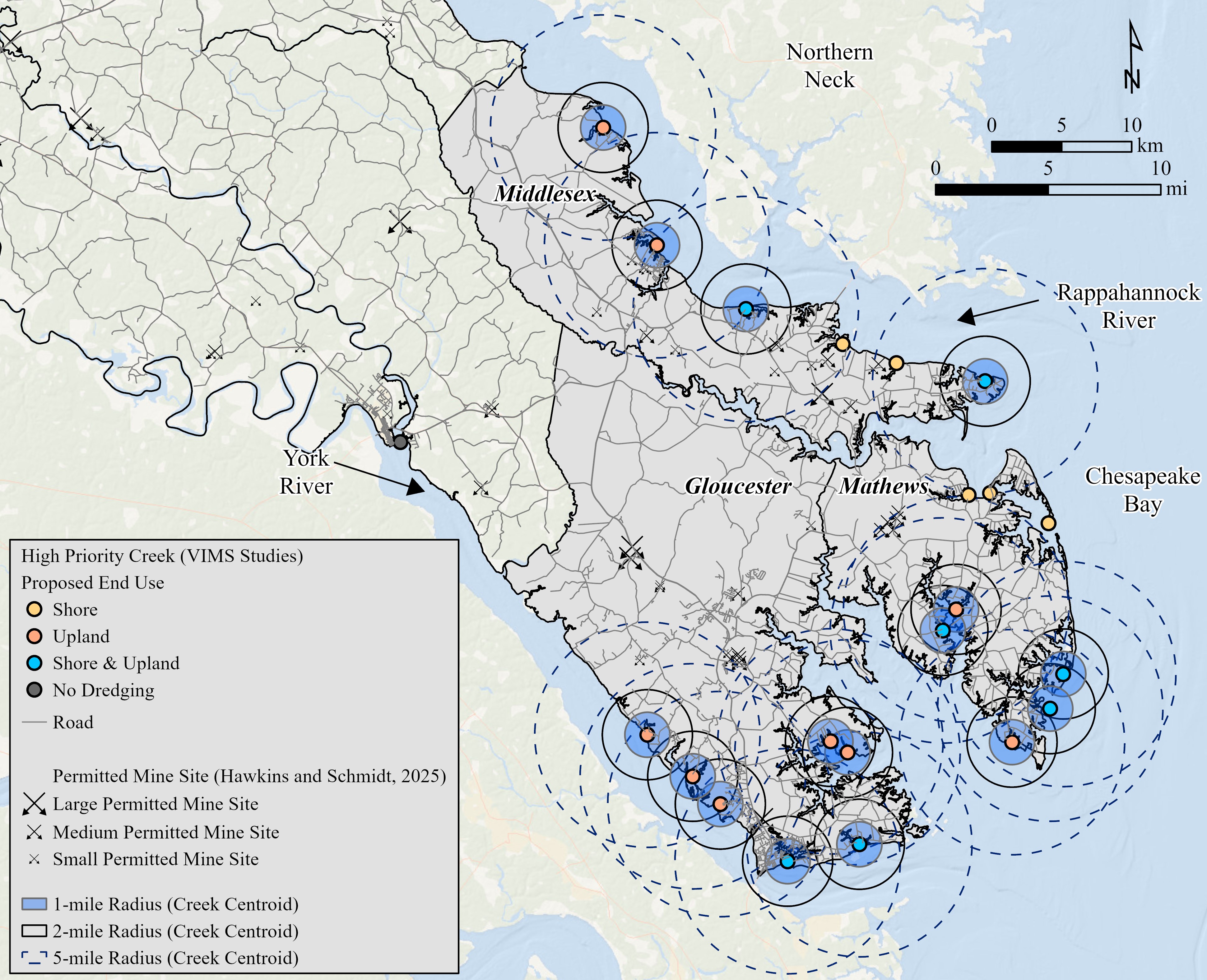 Figura 1: Ubicaciones de sitios mineros activos autorizados (de Hawkins y Schmidt, 2025) y arroyos prioritarios para necesidades de eliminación en tierras altas. Estos arroyos están amortiguados por un radio de 1, 2y 5millas para mostrar proximidad a posibles minas en tierra.