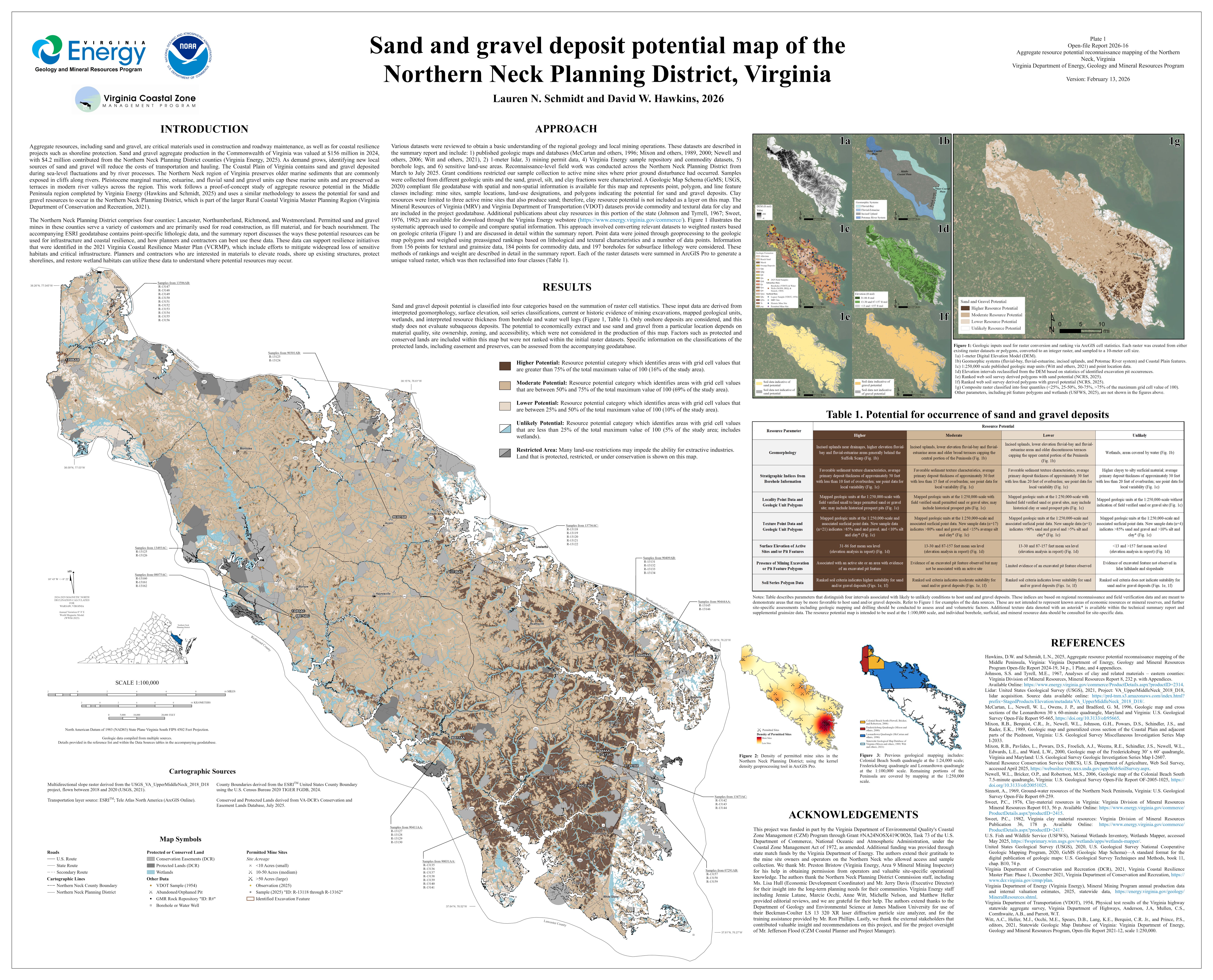 Figura 4. 1:100,000mapa de potencial de arena y grava para el Distrito de Planeación de Northern Neck, incluido como Placa 1 en el reporte resumen técnico (OFR 2026-16), finalizado el 2026de febrero. 