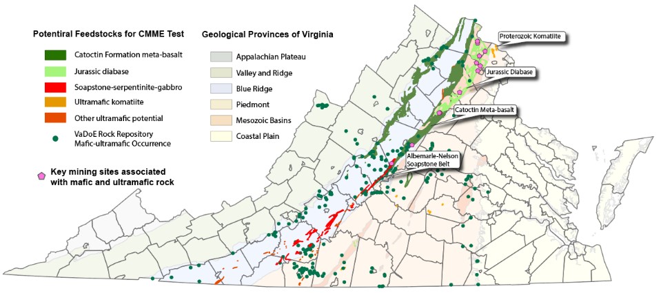 Mapa que muestra los recursos potenciales de mineralización de carbono y extracción de metales en Virginia