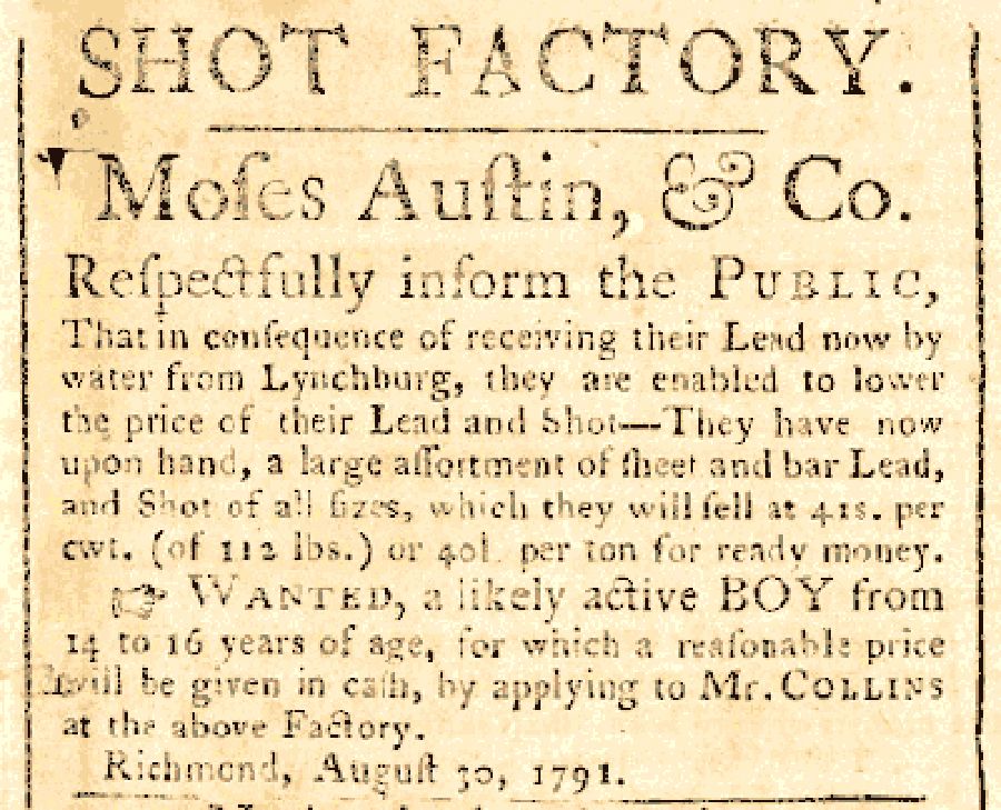Anuncio en el periódico de plomo y tiro de Austinville. De la Gaceta de Virginia y Anunciante General, Richmond 1791.