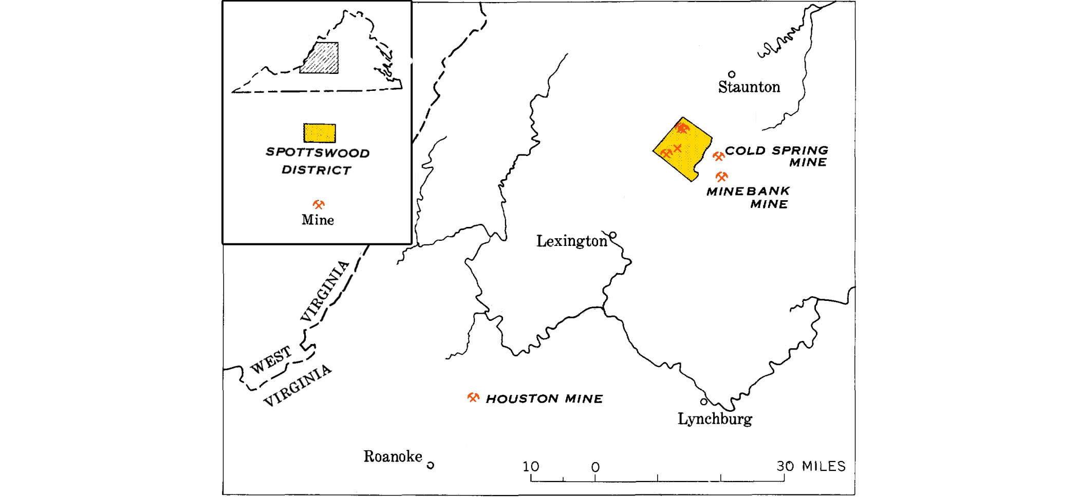Mapa detallado de las minas de aluminio y posibles depósitos en Virginia