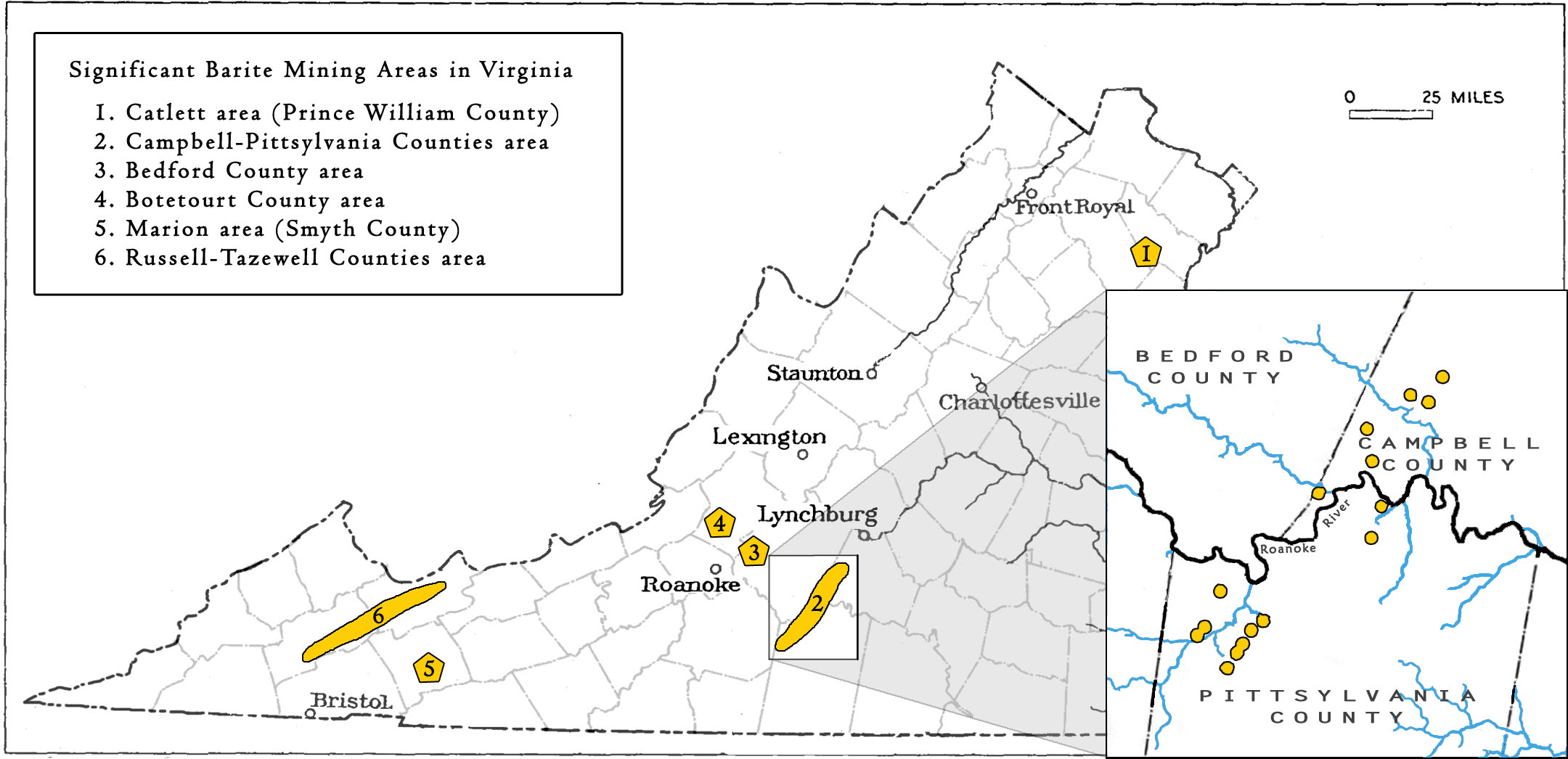 Mapa de áreas significativas para la minería de barita en Virginia. 