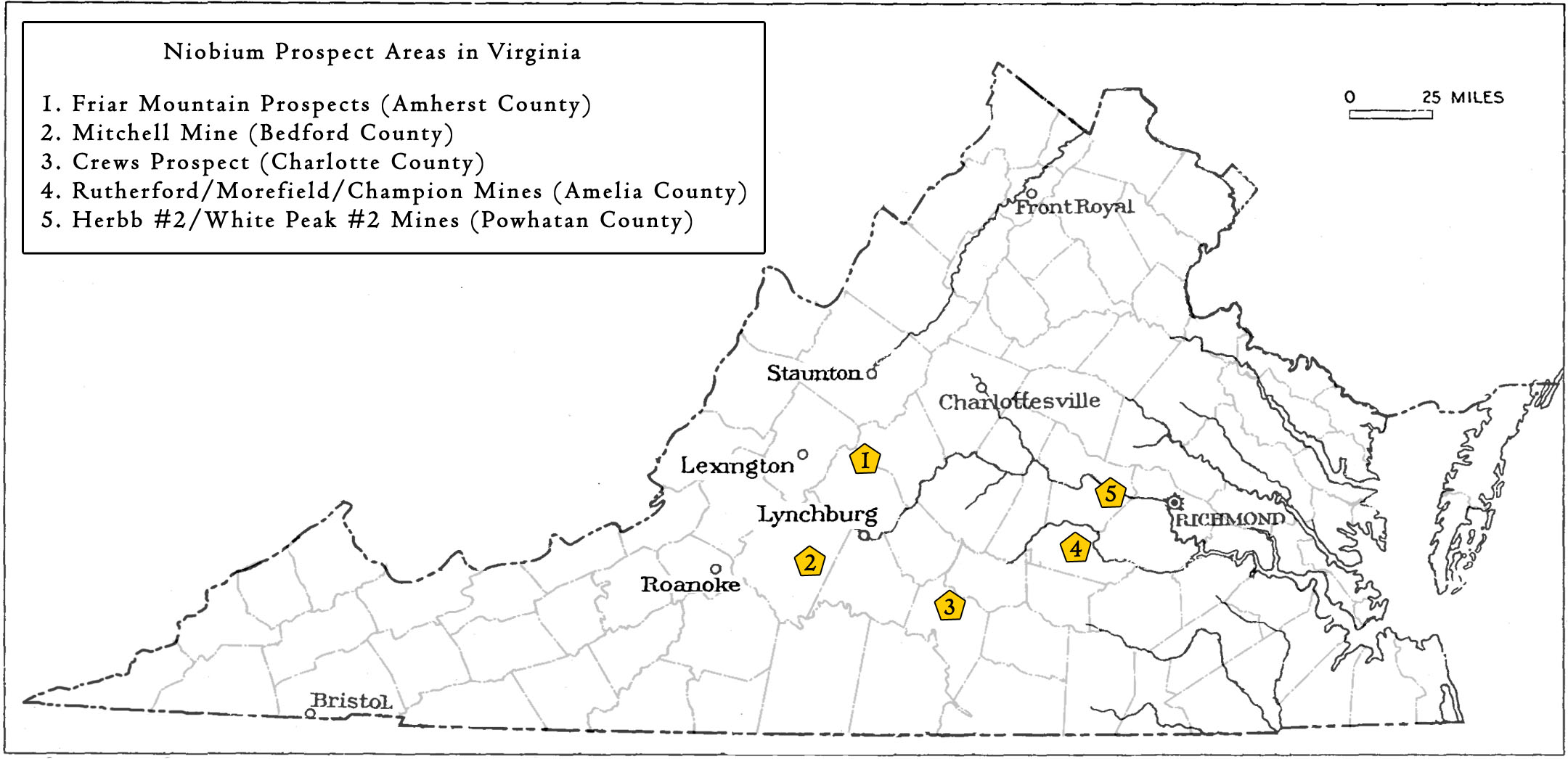 Localidades en Virginia muestreadas o prospectadas para Niobio