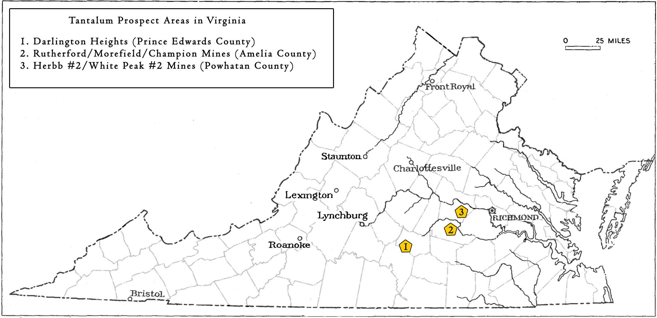 Localidades en Virginia muestreadas o prospectadas para tantalio