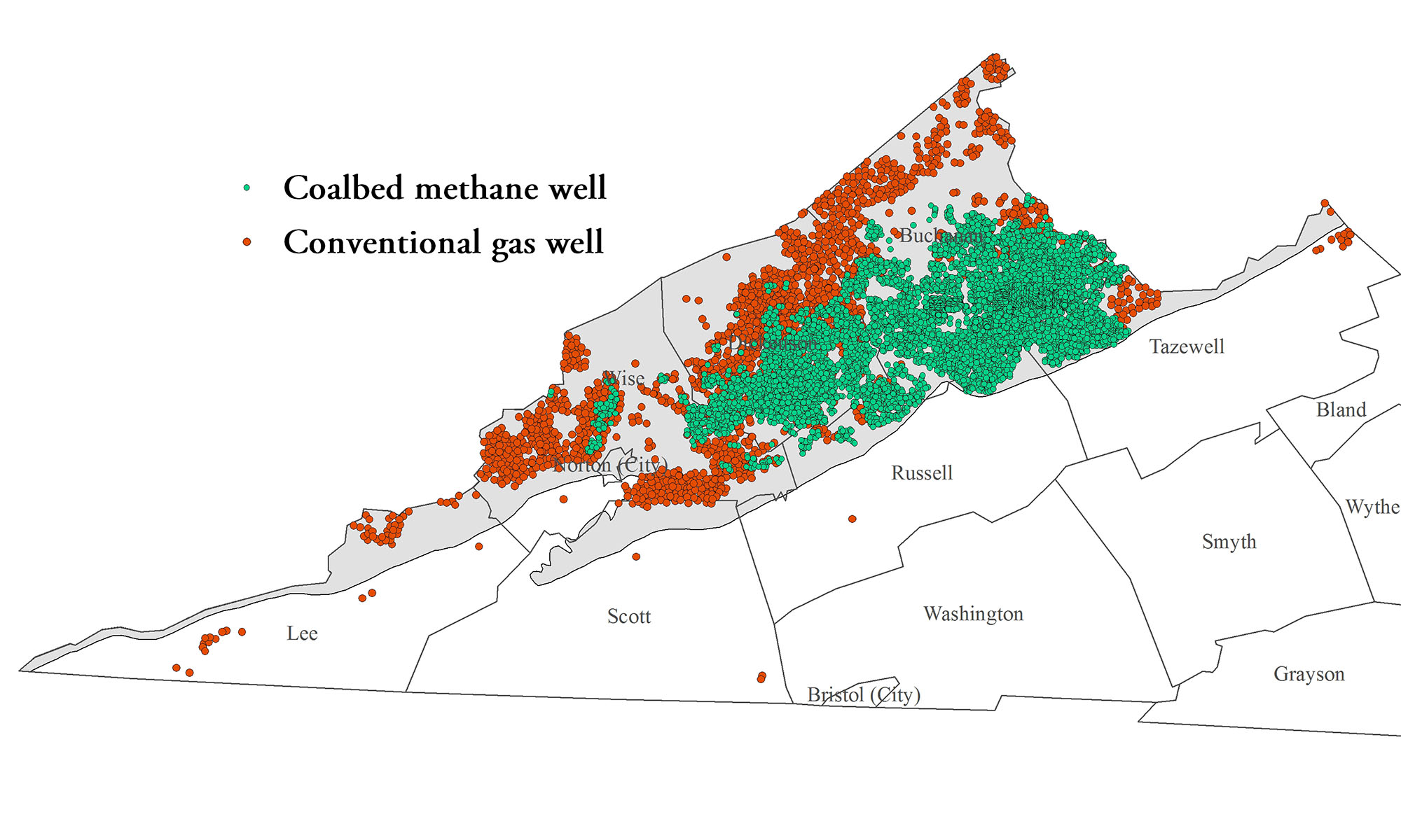 Ubicaciones de producción de gas natural en Virginia
