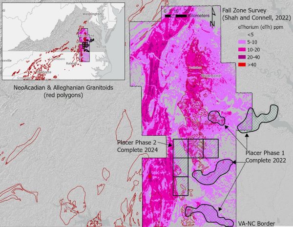 Trabajo de resonancia magnética de la Tierra recientemente completado (Placer Fase 1 y 2), huella de estudio geofísico (Shah y Connell, 2022) y áreas de enfoque para la caracterización en curso de REE en regolito granitoide