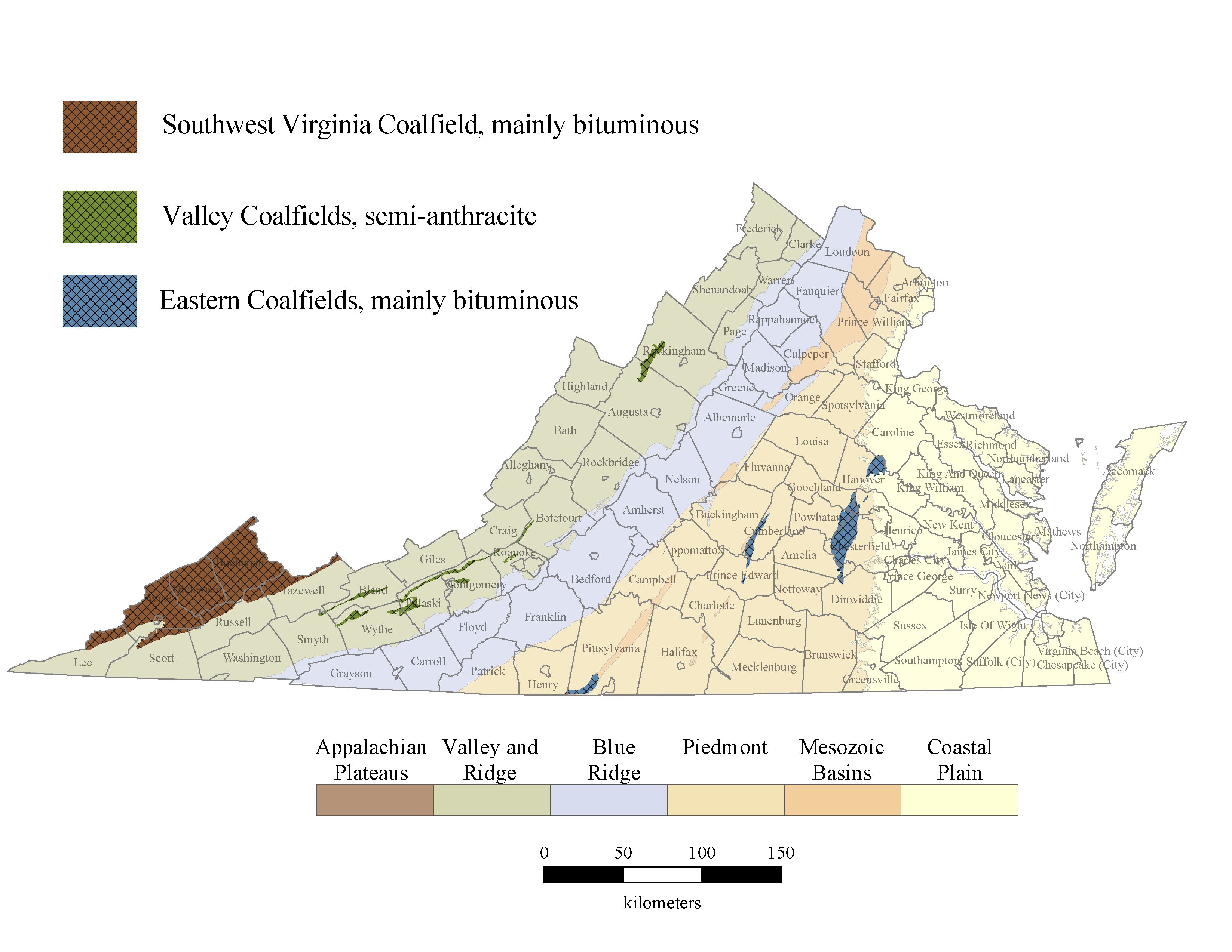 Ubicación de las regiones productoras de carbón en Virginia