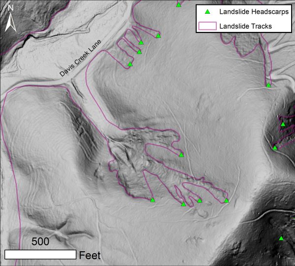 Sombra de pendiente LIDAR de resolución de 1metros del área de Davis Creek en el condado de Nelson, Virginia