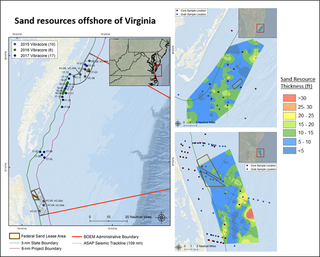 Figura 1: Ubicaciones de muestra y mapas de espesor de arena superficial para áreas mar adentro de Virginia