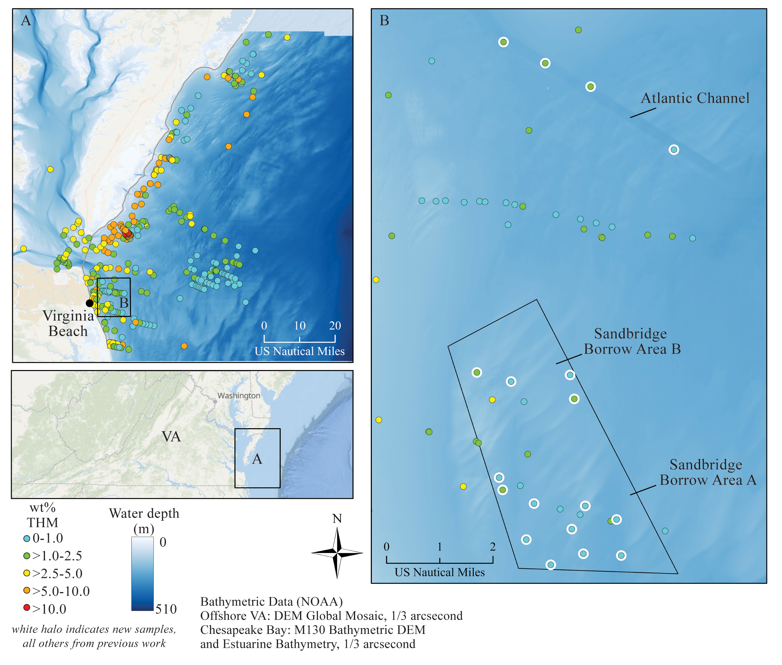 Base de datos geográfica de minerales pesados que muestra muestras marinas en alta mar de Virginia