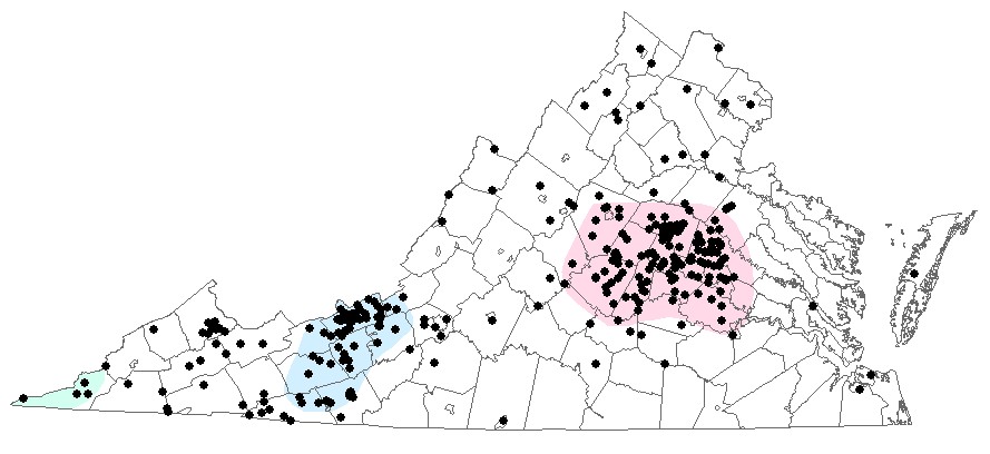 El mapa muestra la ubicación de los terremotos en o cerca de Virginia. La zona sísmica del condado de Giles se muestra en rosa y la zona sísmica de Virginia Central se muestra en amarillo.
